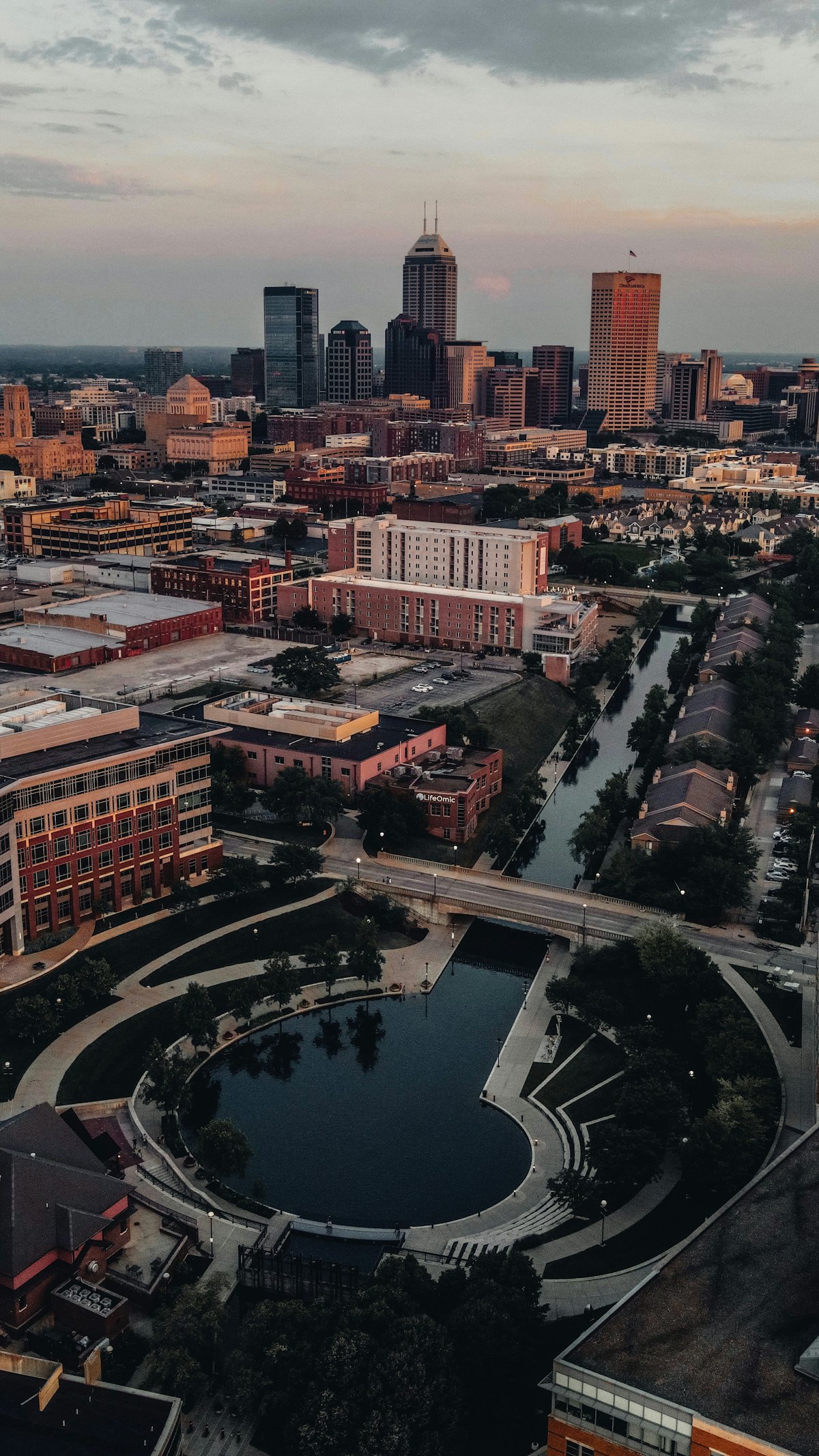 Downtown Indianapolis and the canal at dusk