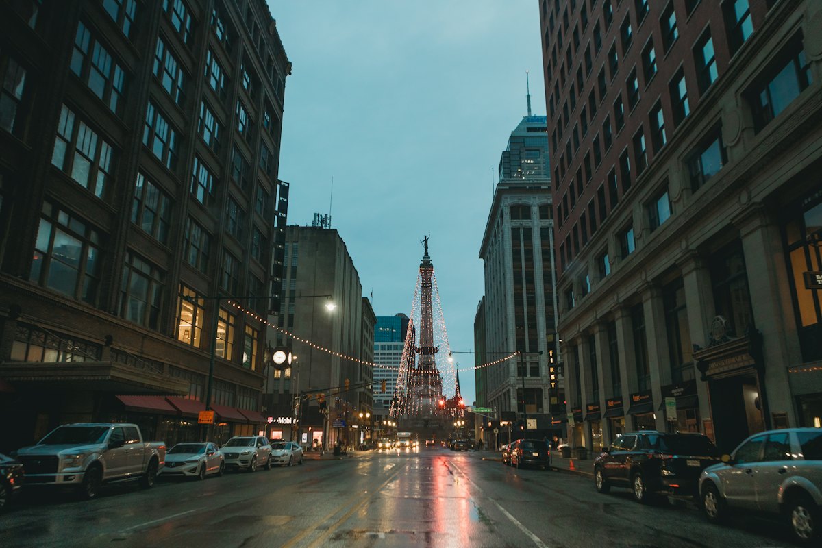 A downtown Indianapolis street at dusk